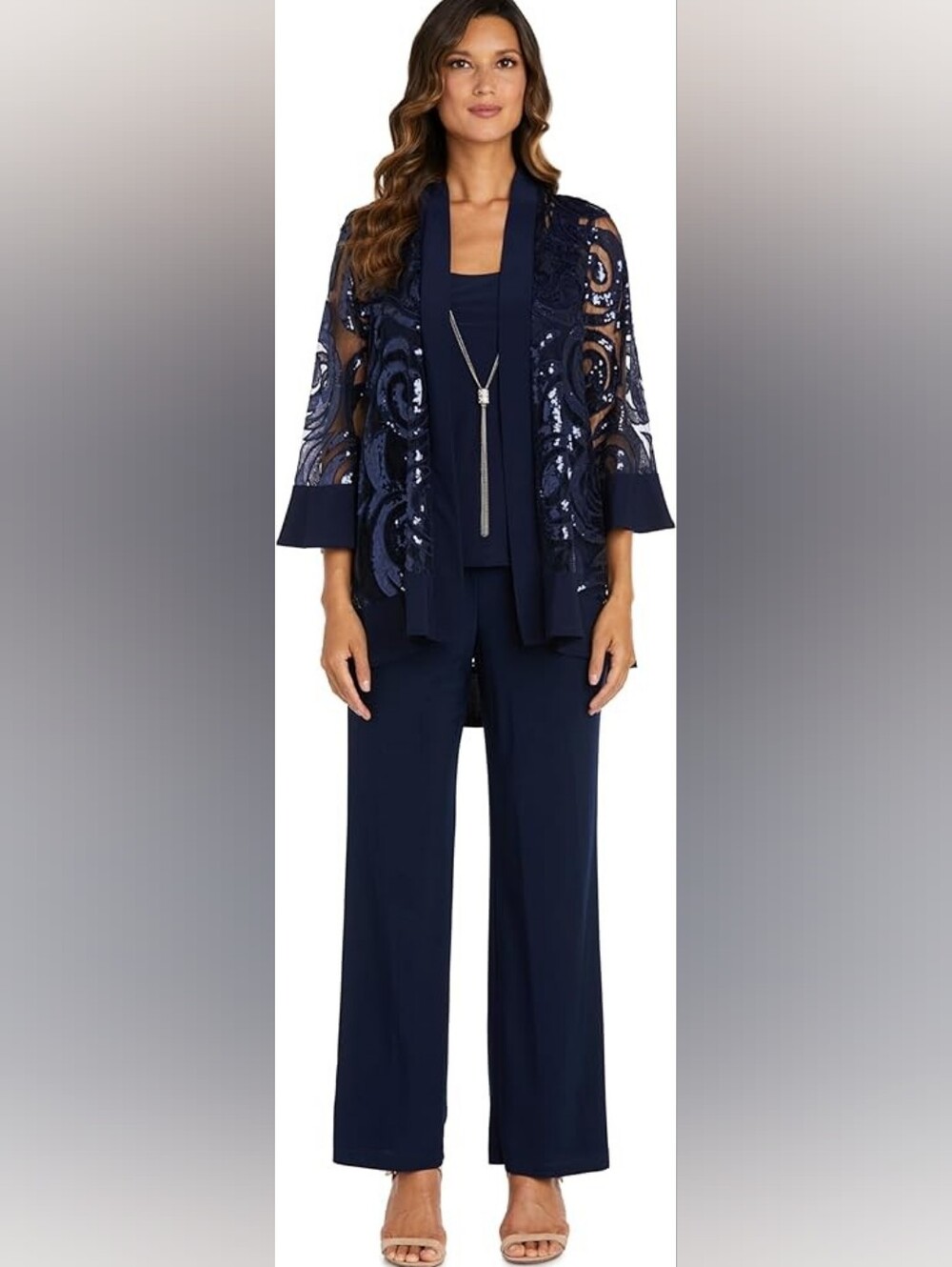 Women's Navy Sequin Jacket/Tank Top & Wide-Leg Reverie Pantsuit Set, 10